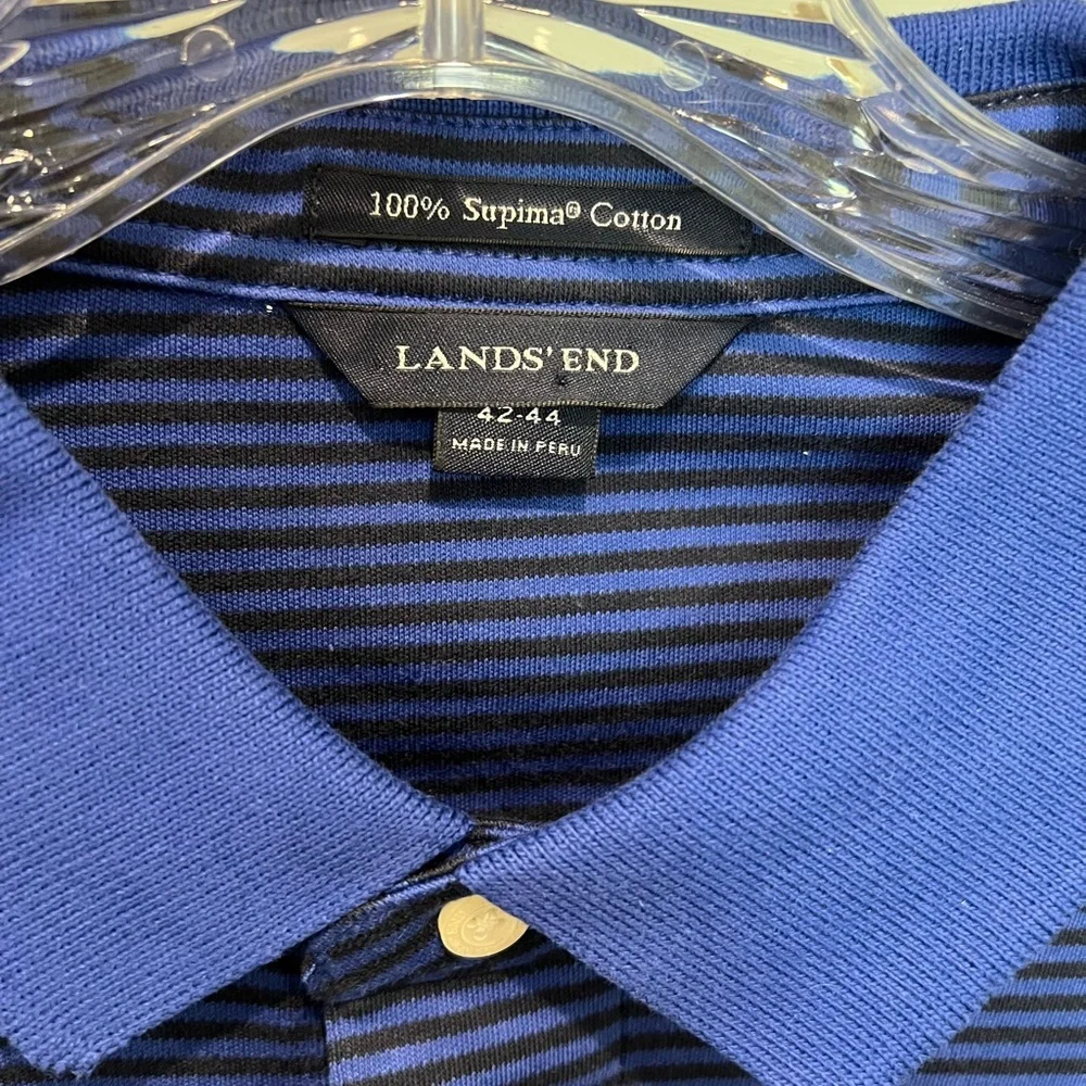 Lands’ End Blue Striped Men's Long Sleeve Polo Shirt Preppy Business Casual